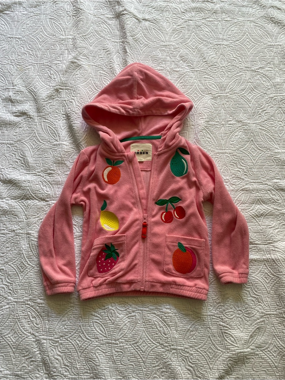 Mini Boden Pink Fruit Appliqué Hooded Zip Jacket